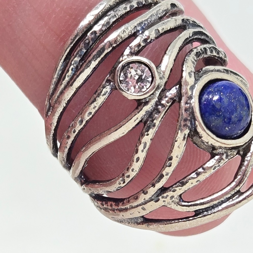Orna Lalo Israel 925 Sterling Silver Lapis Lazuli CZ Wide Cage Band Ring Size 7 - Picture 5 of 9